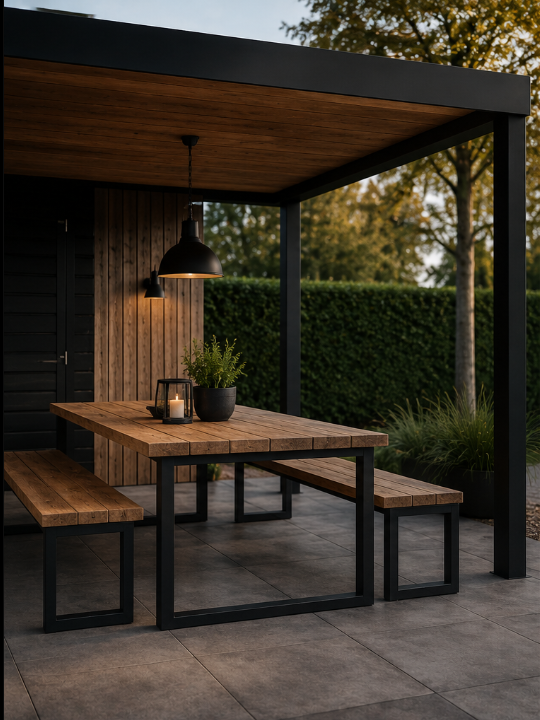 Industriële eettafel op maat onder overkapping