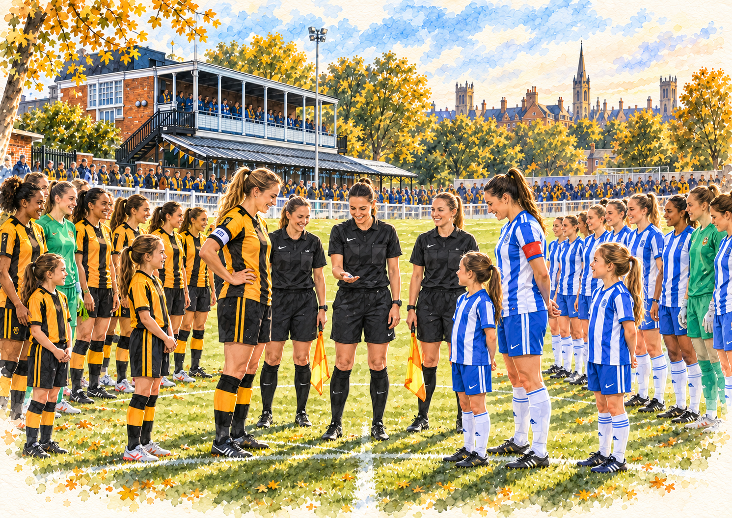 Teams, officials and mascots gathering before the match
