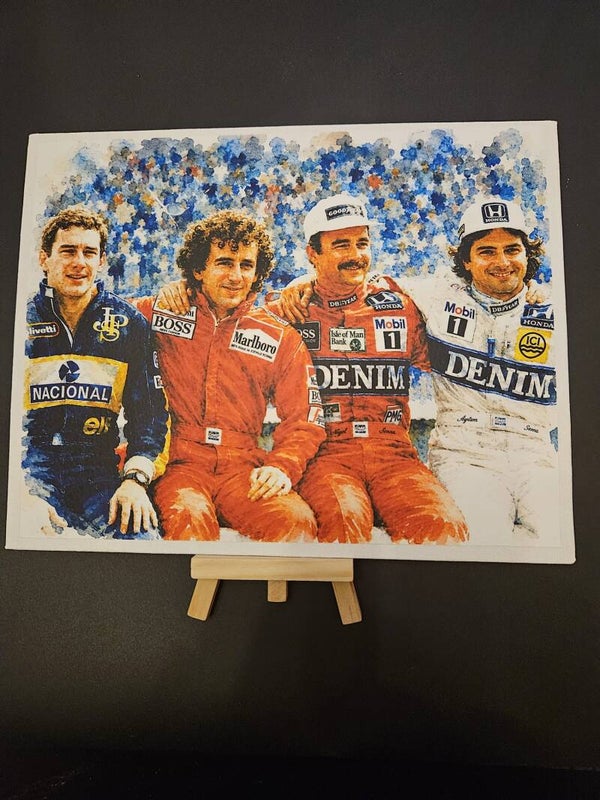 four legendary Formula 1 drivers: Ayrton Senna, Alain Prost, Nigel Mansell, and Nelson Piquet.