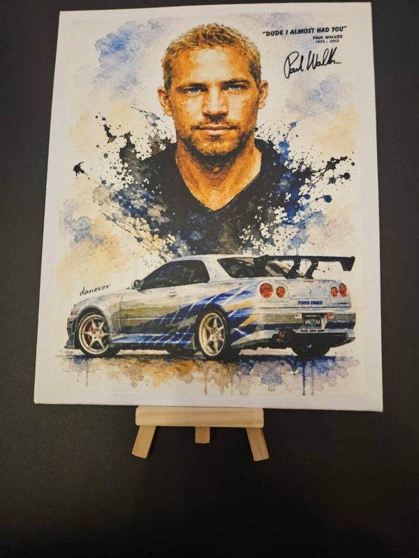 Paul Walker alongside his iconic blue-striped Nissan Skyline R34