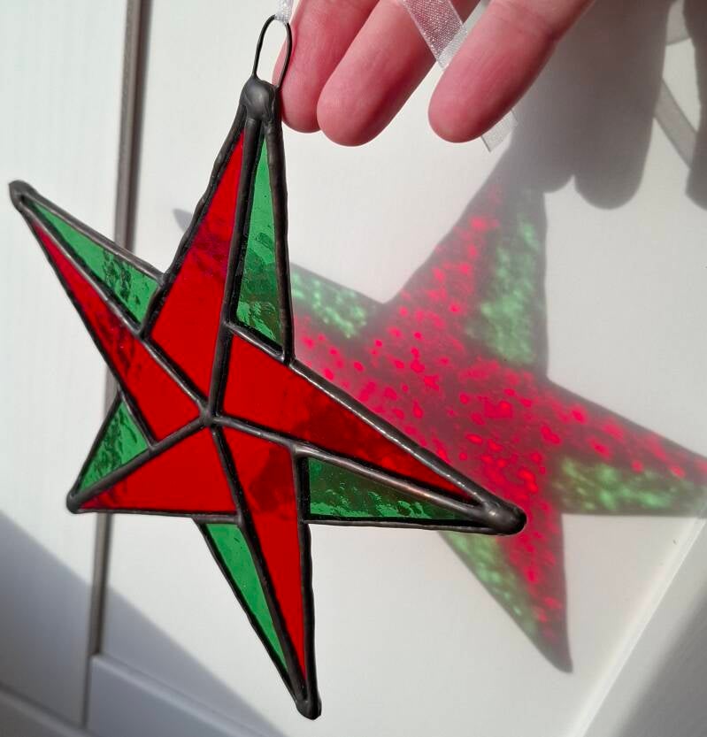 Glas in lood ster rood/groen Glazige Loodjes