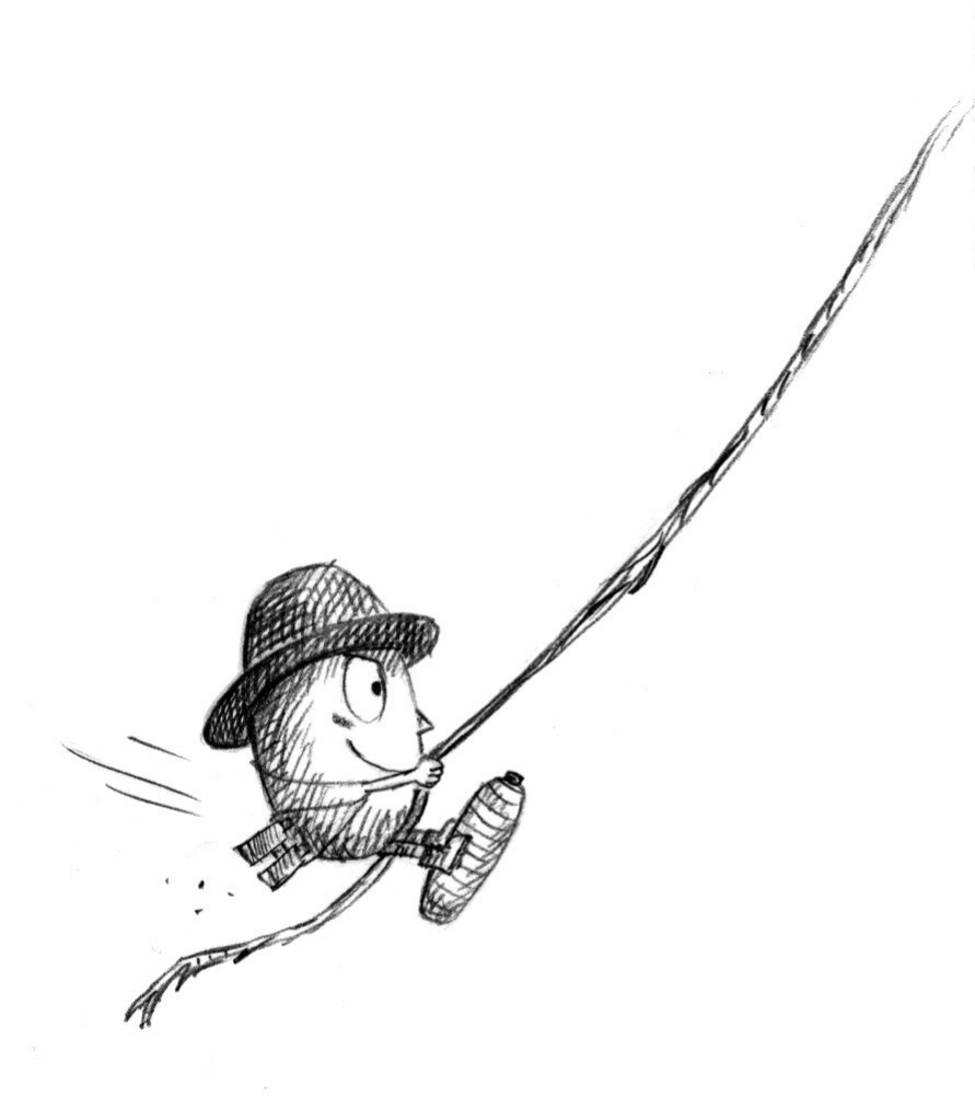 Illustratie van Bob Popcorn die dapper aan een liaan hangt