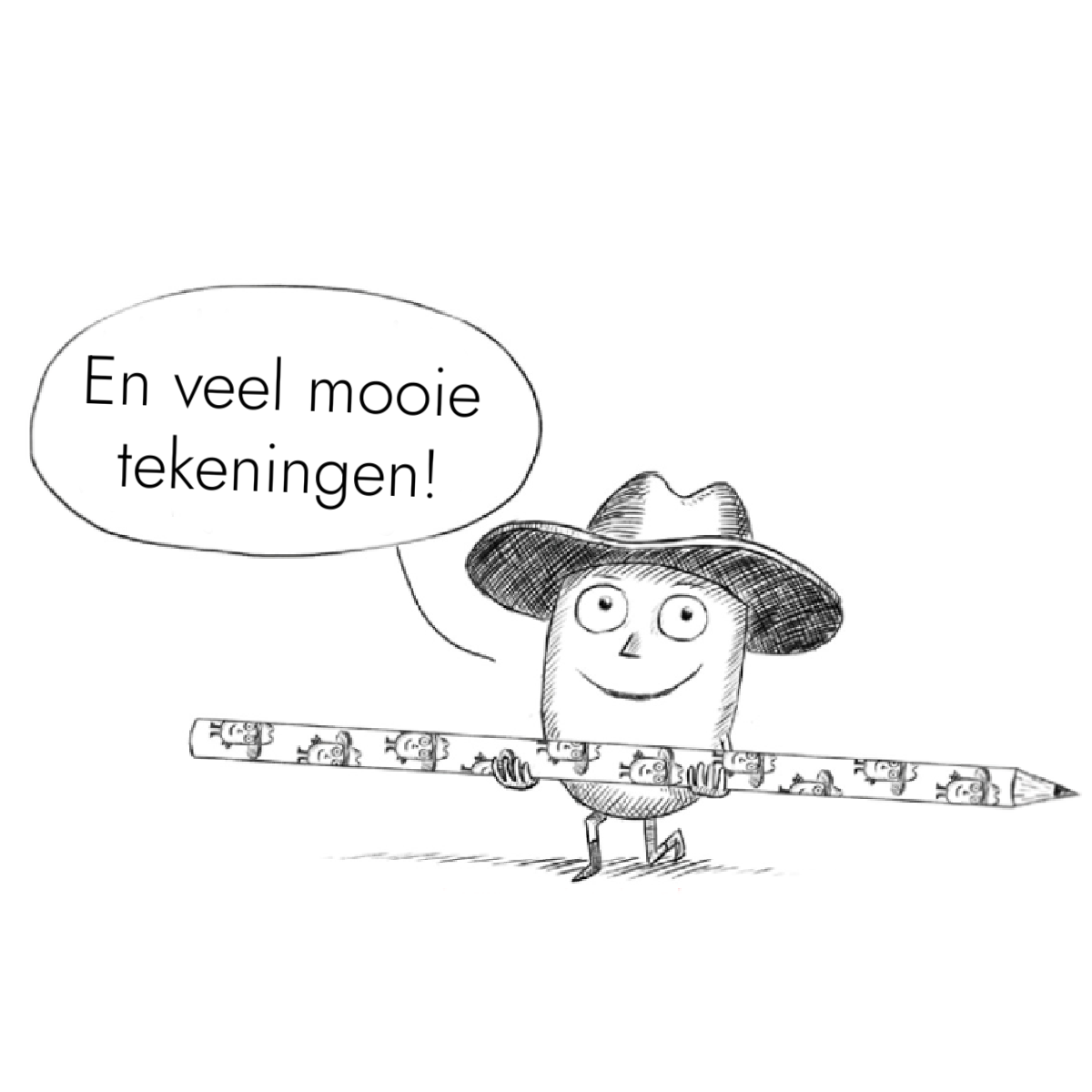 Illustratie van Bob Popcorn die een mooi potlood vasthoudt