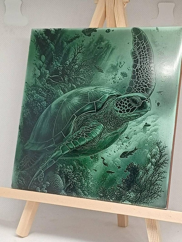 Carreau en céramique gravé – Tortue marine 🐢
