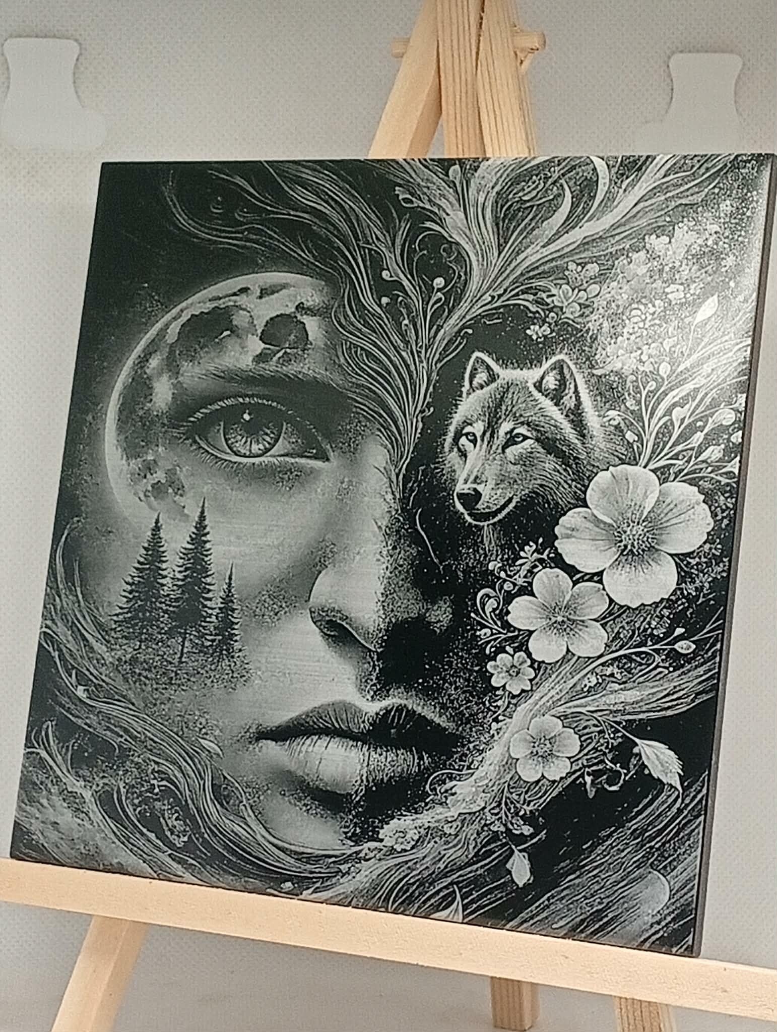 Carreau en céramique gravé – Femme, Loup & Lune 🌙