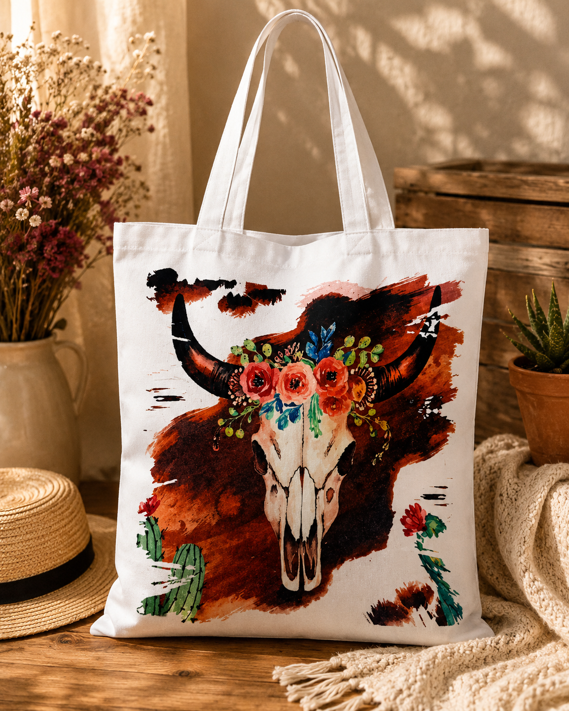 Esprit bohème – Crâne de buffle fleuri