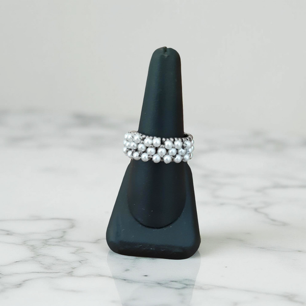 Anello fascia artigianale con perle e micro-perline argentate - Fatto a mano