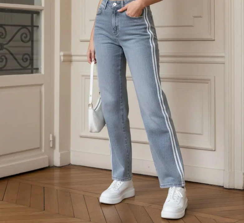 Wide Leg Jeans with Side Stripes