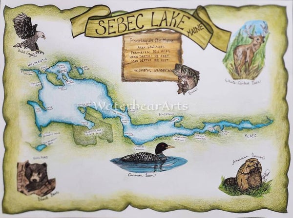 Sebec Lake -(green version), Maine Map