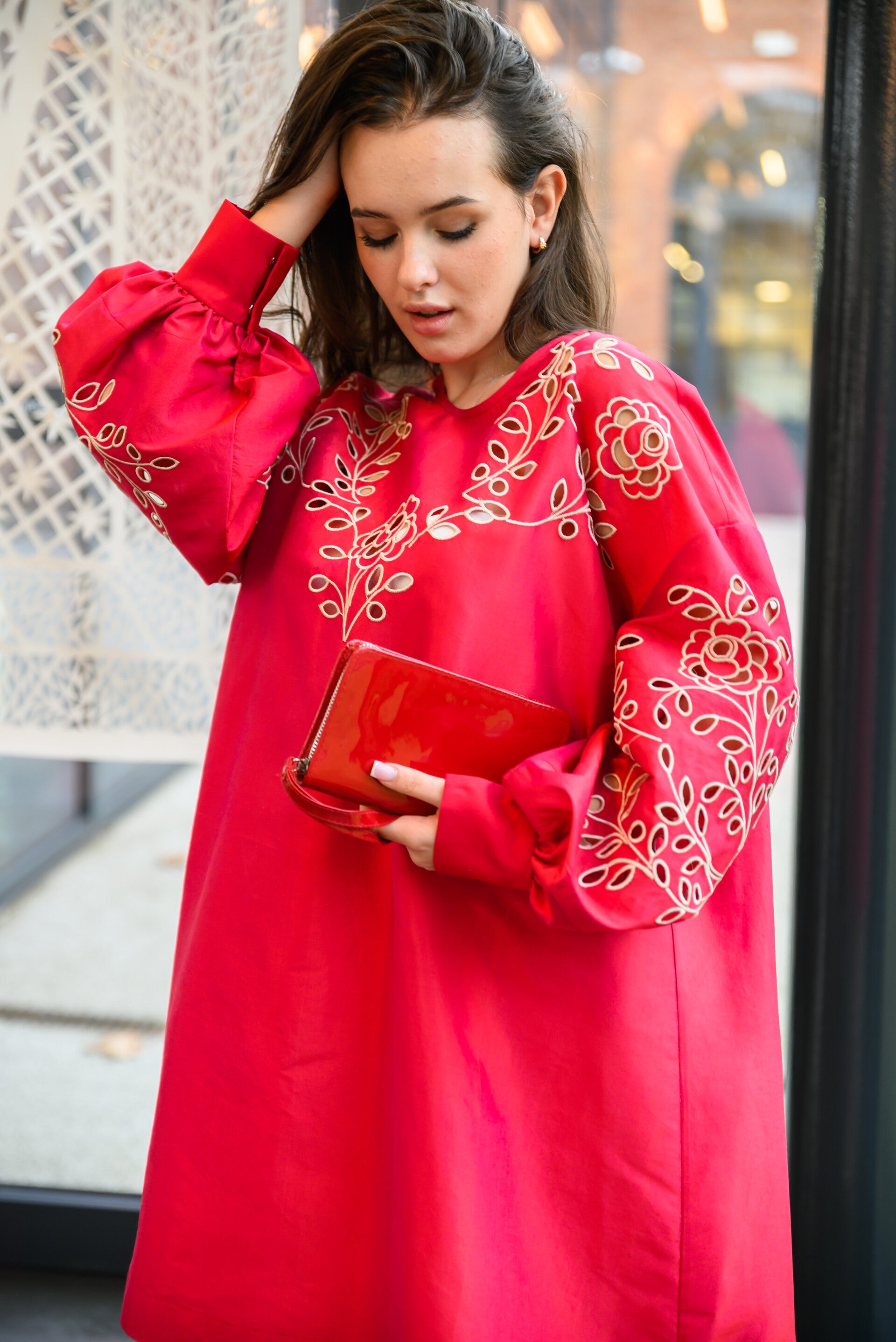 Red dupioni silk embroidered dress