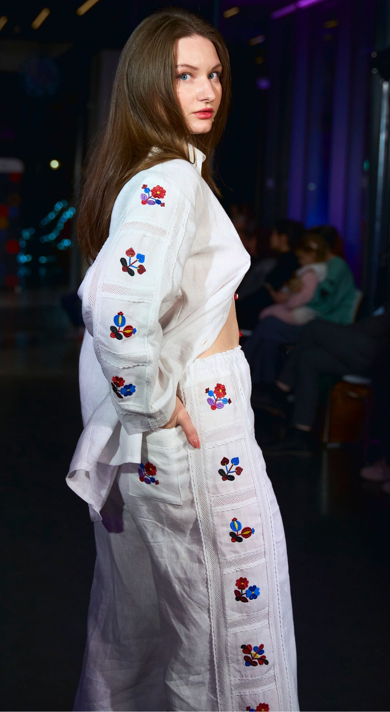 Ukrainian embroidered white linen pants set with Yavoriv motiv. Trims with cotton lace.