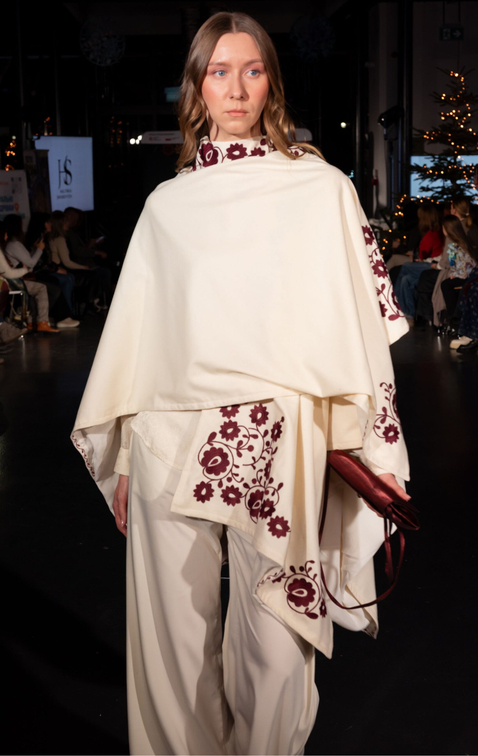 Wool ivory poncho with burgundy embroidery. Ukrainian traditional ornament
