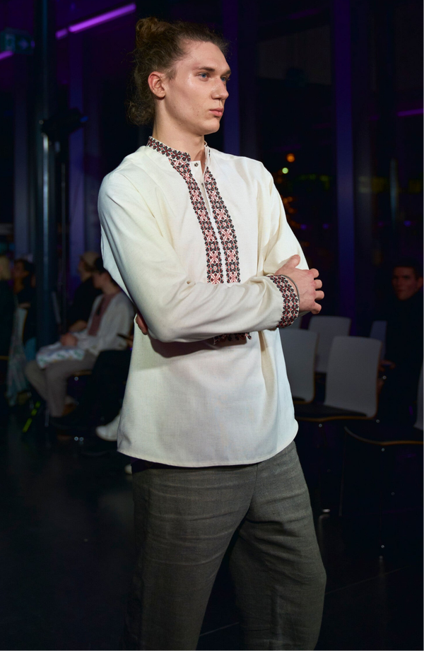 Embroidered linen blend men shirt. Ukrainian Drohobych ornament.