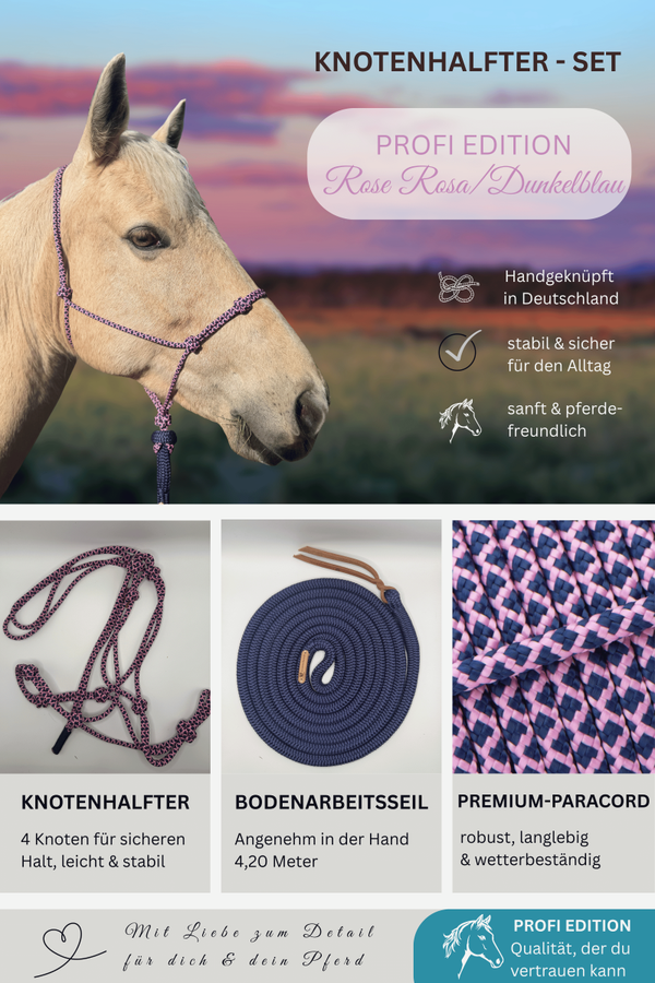 Knotenhalfter-Set PROFI EDITION - Farbe: Rose Rosa/Dunkelblau