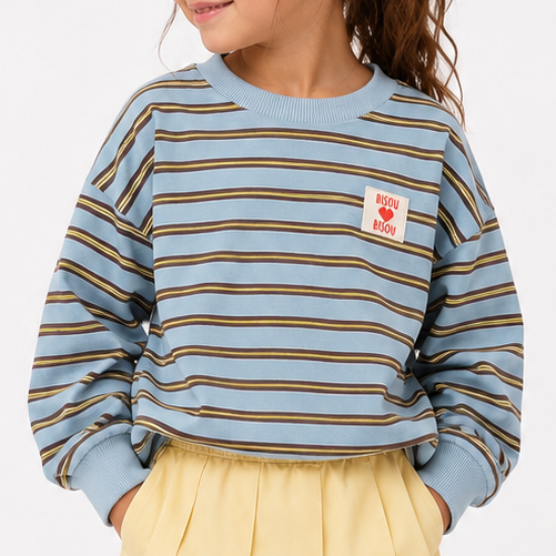 Sweat rayé bleu/marron bisous