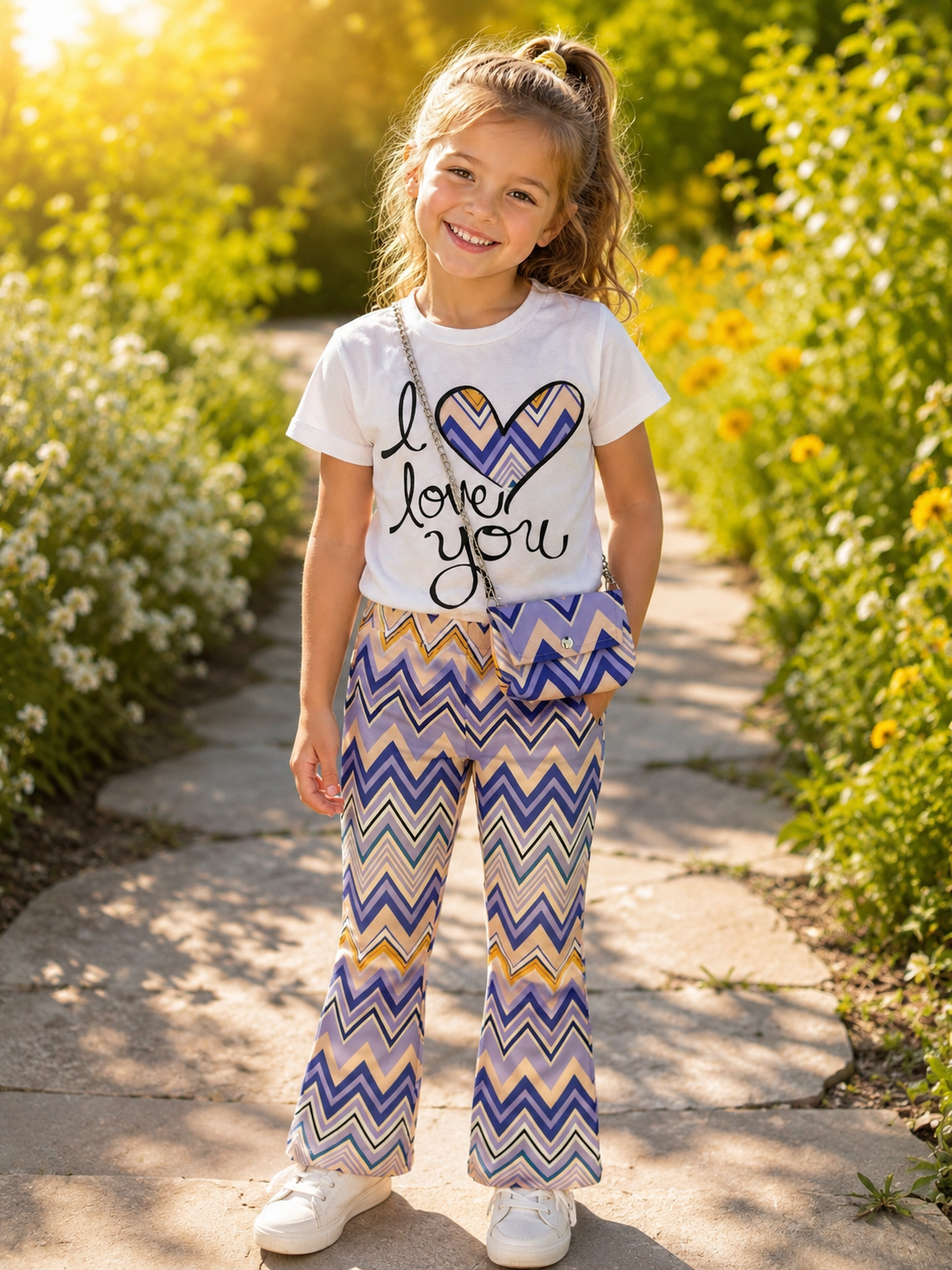 Meisjes Flared Set – “I Love You” met Chevron Print & Tasje