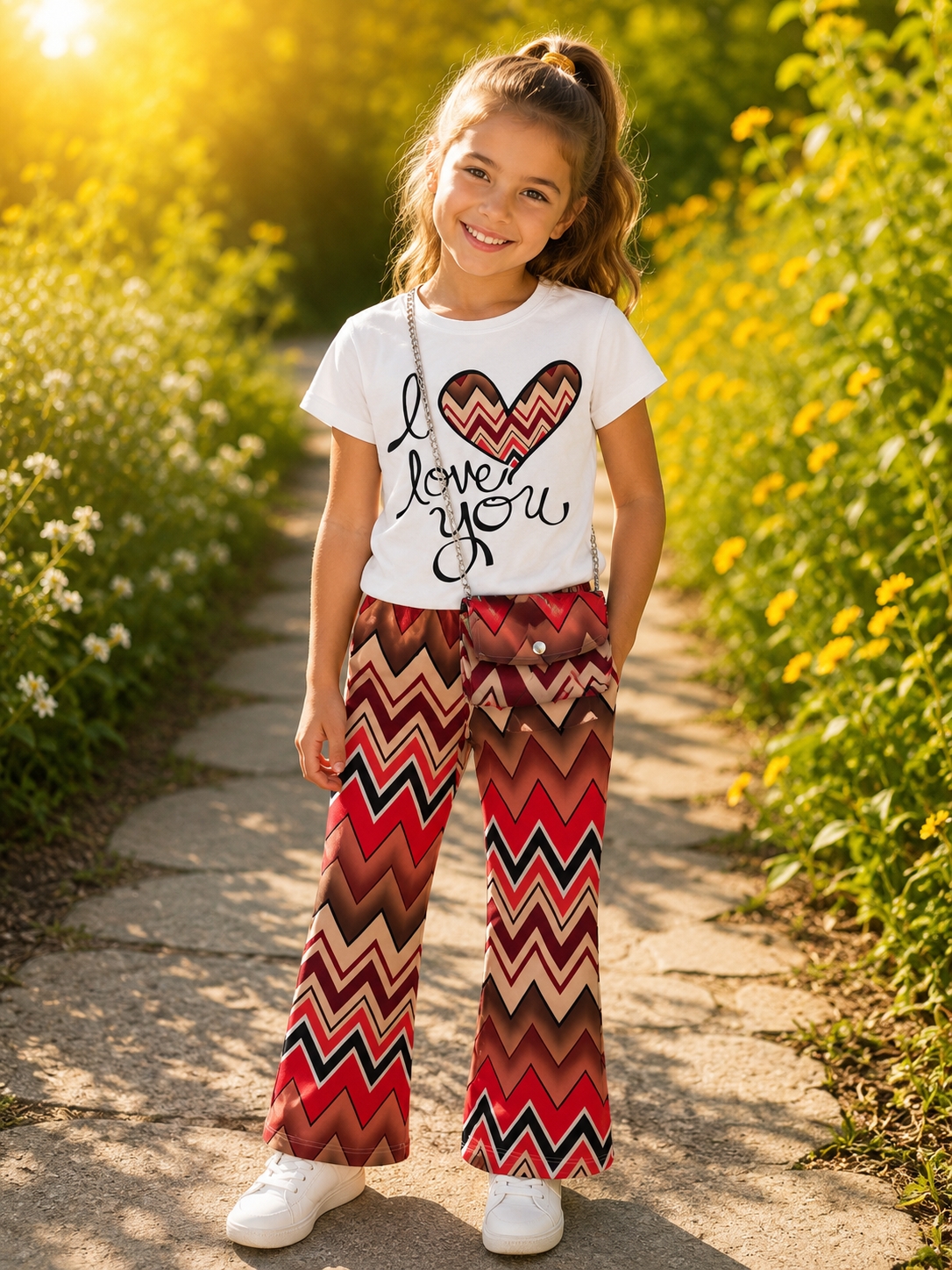 Meisjes Flared Set – “Love You” met Chevron Print & Tasje - Rood/bruin
