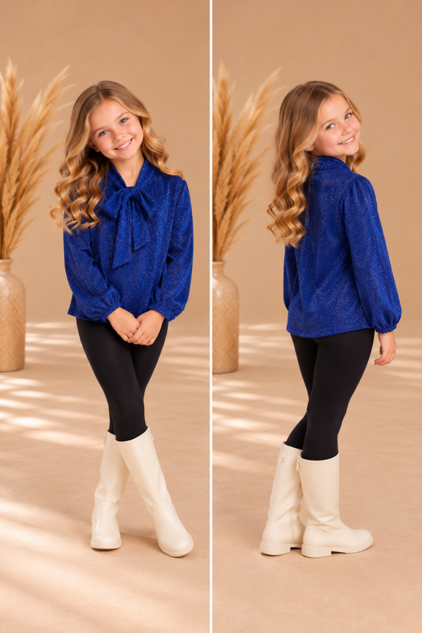 blauwe glitterblouse voor meisjes met strik - PRE ORDER (Wordt 2 November verzonden)