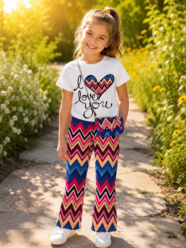 Meisjes Flared Set – “Love You” met Chevron Print & Tasje - Felroze