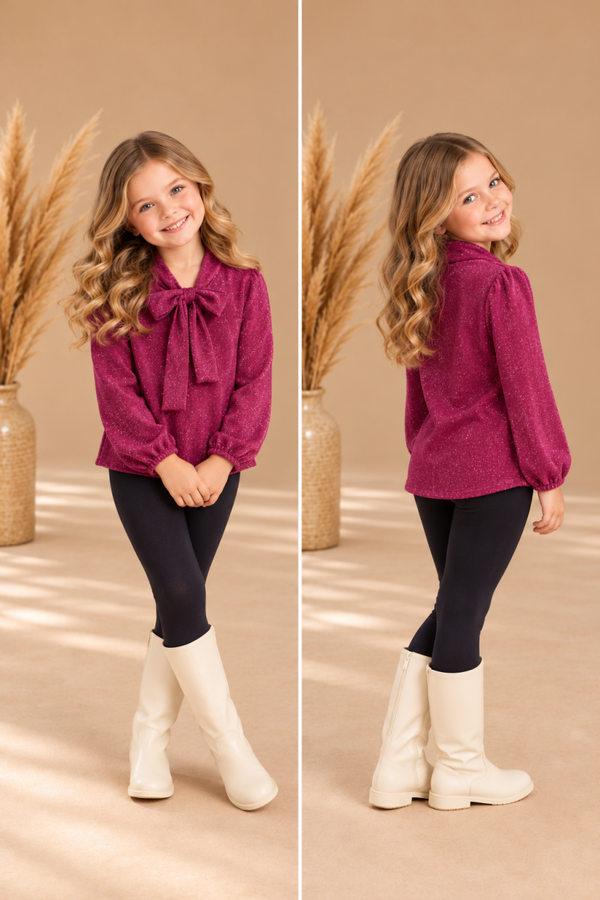 Roze glitterblouse voor meisjes met strik - PRE ORDER (Wordt 2 November verzonden)