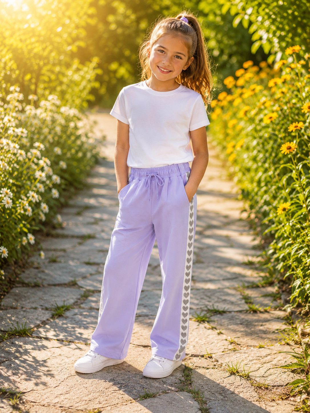 Trendy lila broek met hartjesdetail