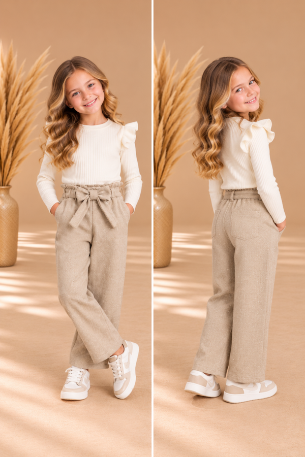 Beige glitterbroek voor meisjes met strik - PRE ORDER (Wordt 2 November verzonden)