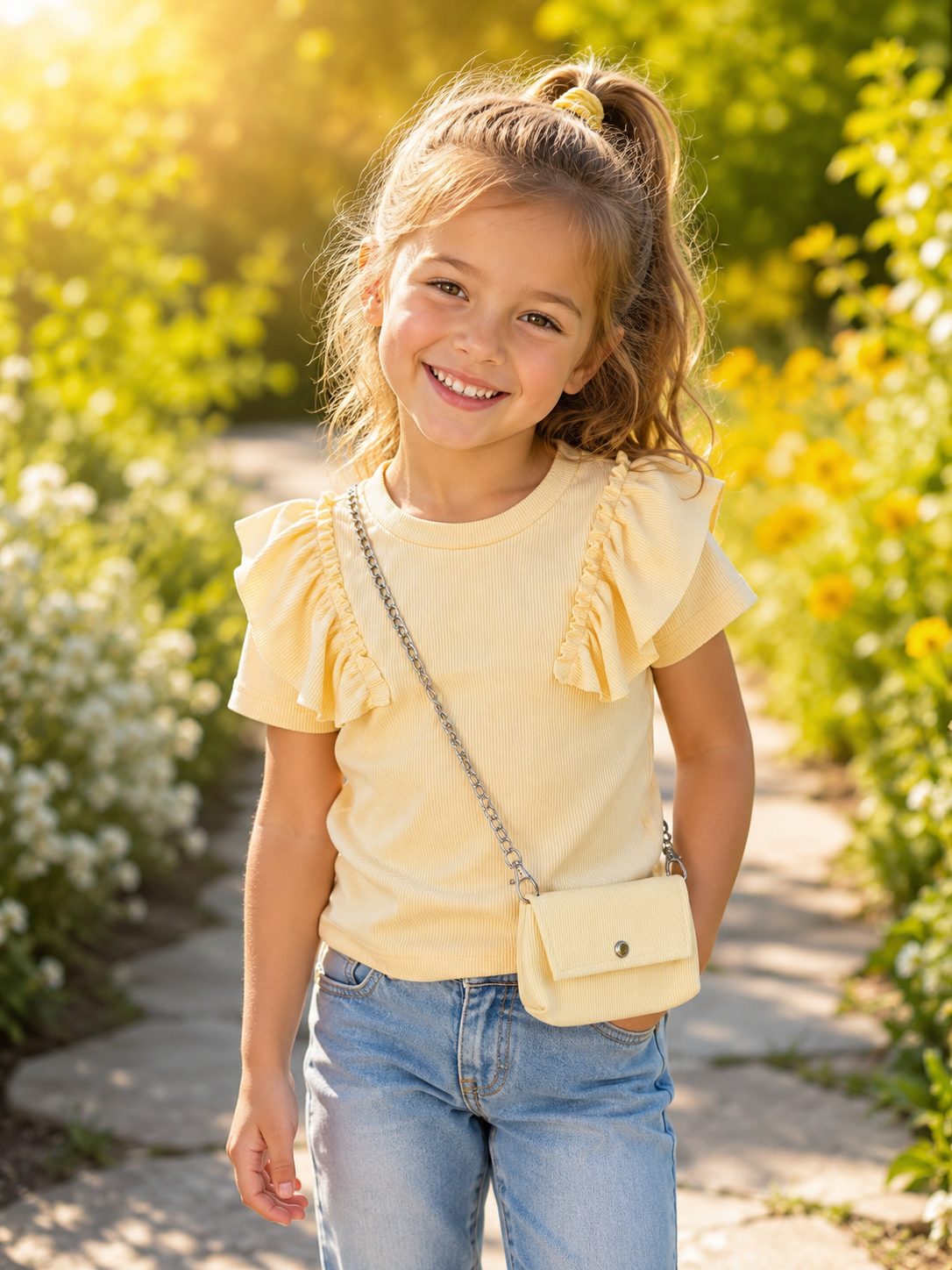 Ruffle Shirt met Crossbody Tasje - geel