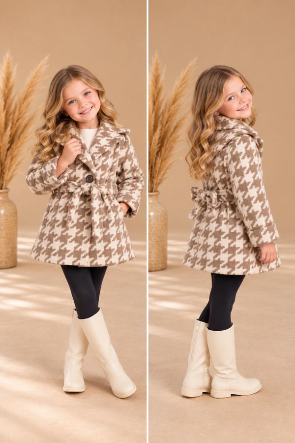 Beige Meisjesjas met Pied-de-Poule Print en Tailleband - PRE ORDER (Wordt 2 november verzonden)