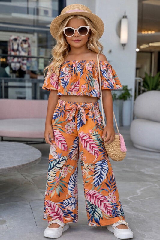 Tropische 2-delige Meisjesset – Off-Shoulder Top & Wijde Broek
