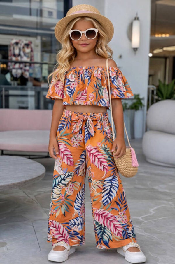 Tropische 2-delige Meisjesset – Off-Shoulder Top & Wijde Broek