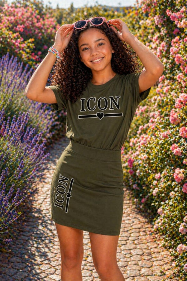 ICON 2-delige Meisjesset – T-shirt & Rok Legergroen