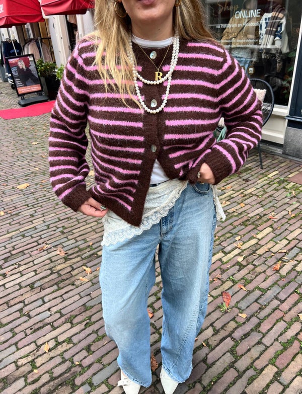 Isabella gebreid vest - bruin/roze