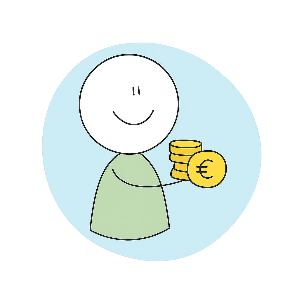 Simplistische tekening van een kind met geldmunten in zijn hand