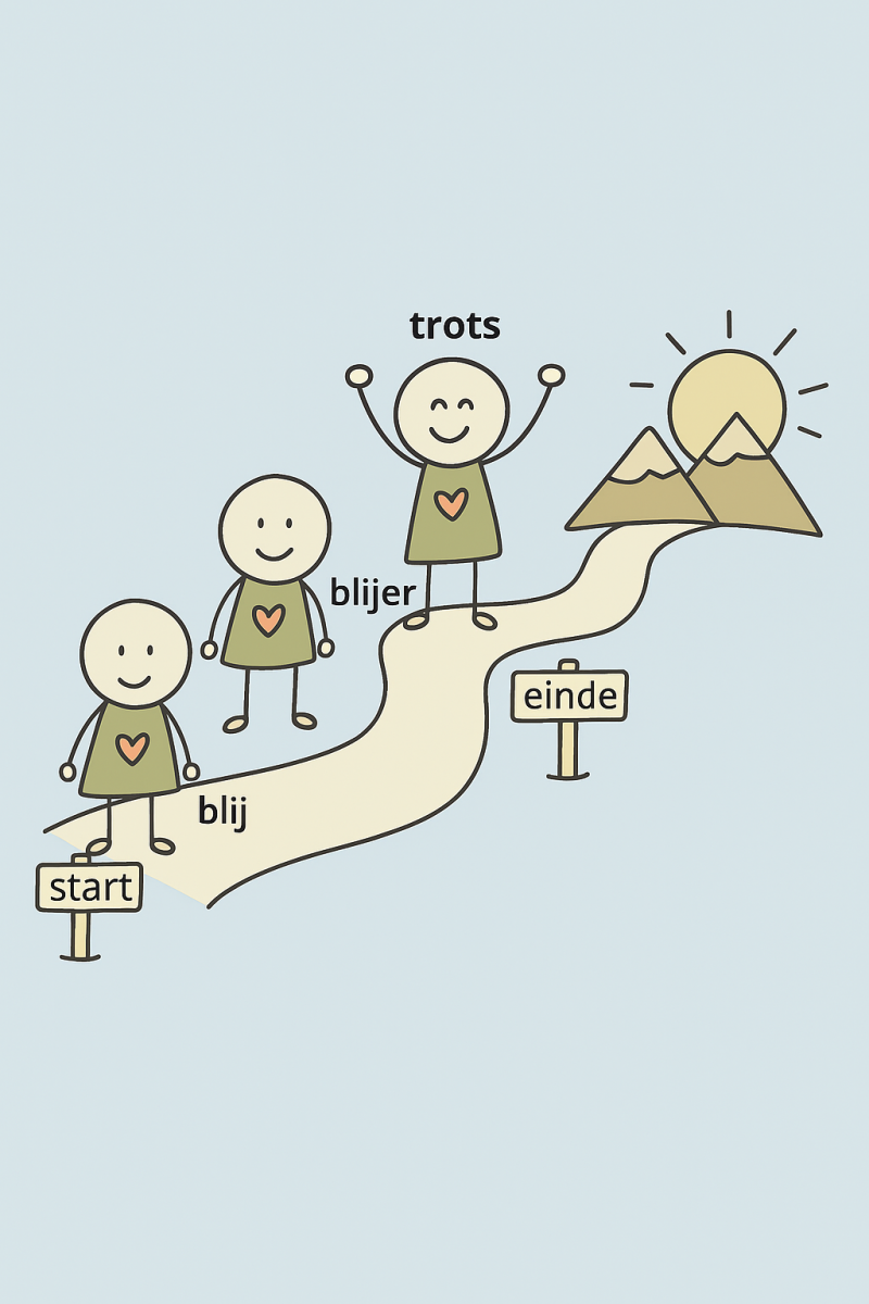 Simplistische tekening van een kind dat bij de start er blij uitziet, stap daarna blijer en een stap daarna trots is. 