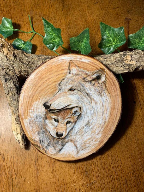 Rondelle de bois * louve et son petit *