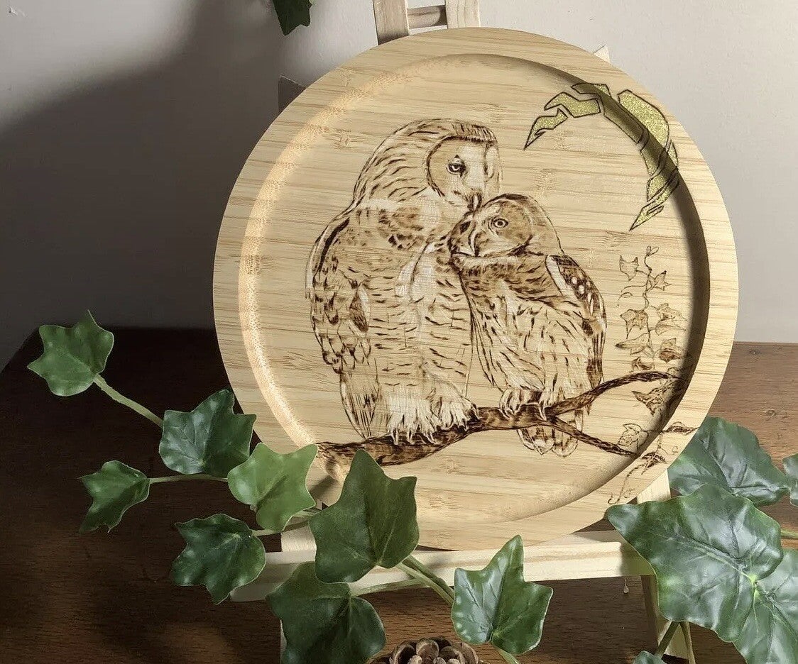Petit plateau bois rond * chouettes