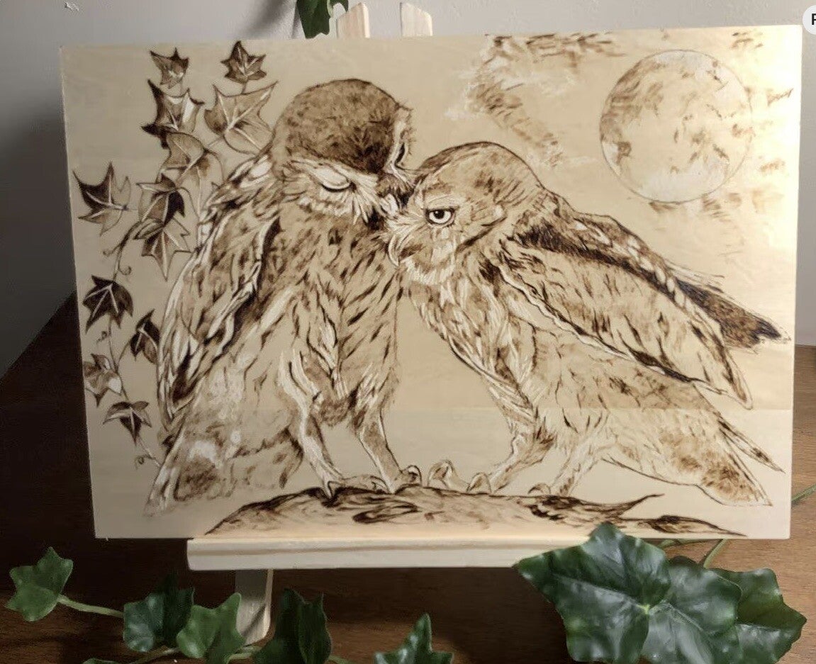 Tableau bois pyrogravure * chouettes