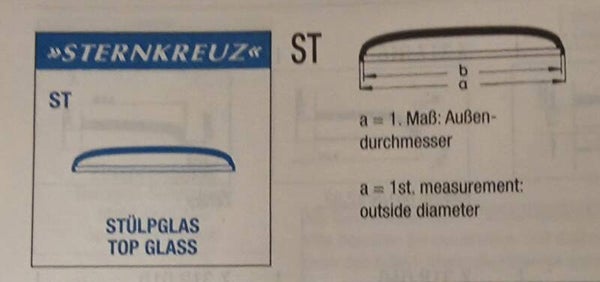 Sterkreuz (ST) or  Stella (WRU) Top glass size  out site and size in site.