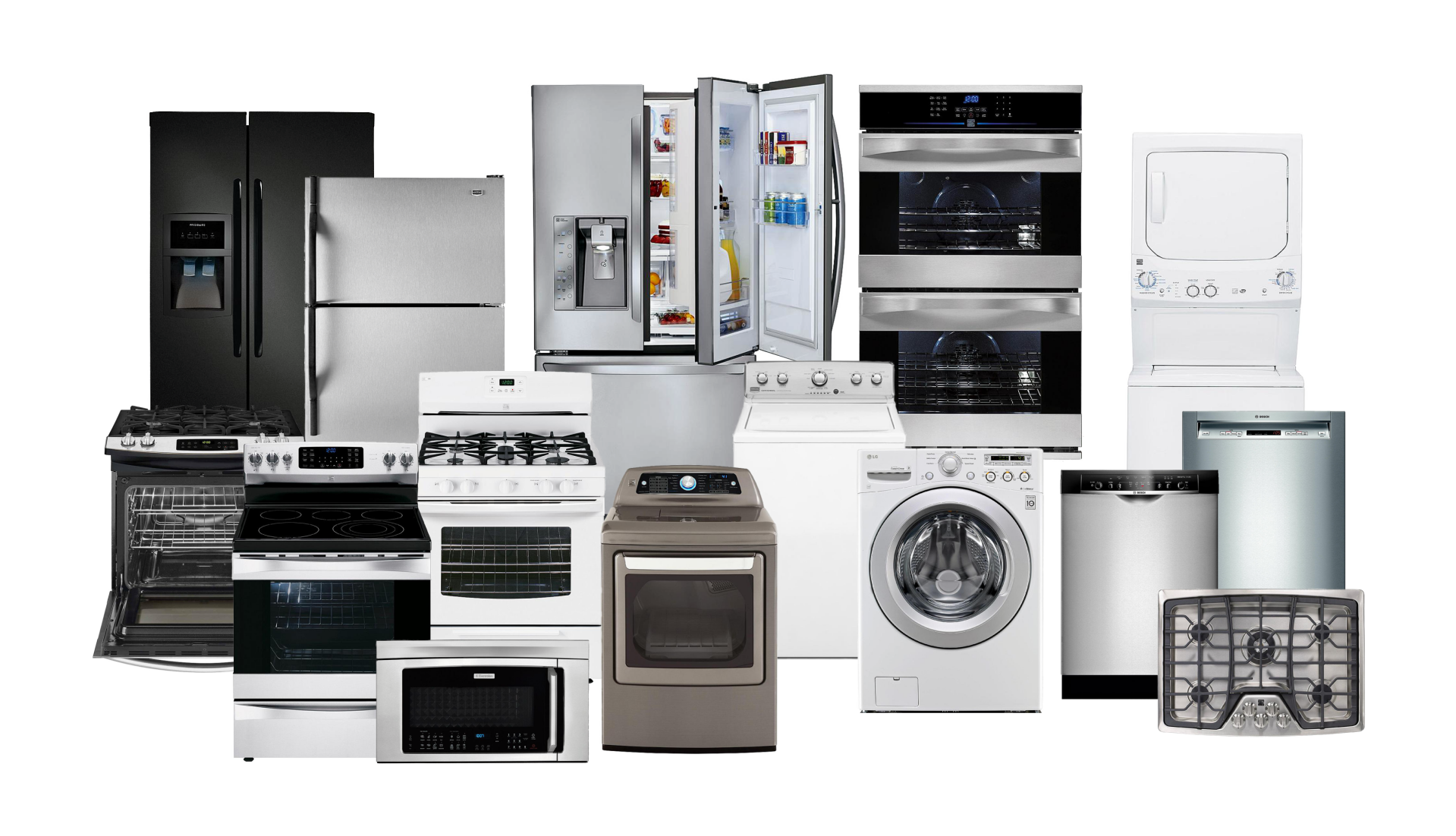 Home appliances including refrigerator,freezer,microwave,washer,dryer,stove,dishwasher,min splits 