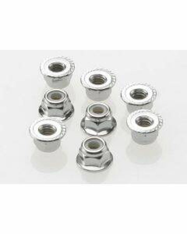 Nuts, 4mm flanged nylon locking (steel, serrated) (8)