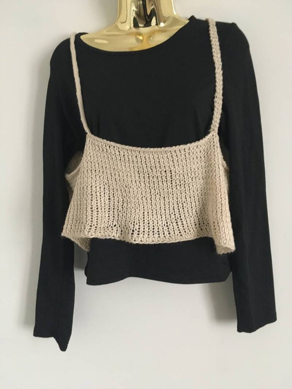 TOP Cropped Knitted Vest Top Wheat Colour Assymmetric Long Straps Size UK 8 Loose Fit