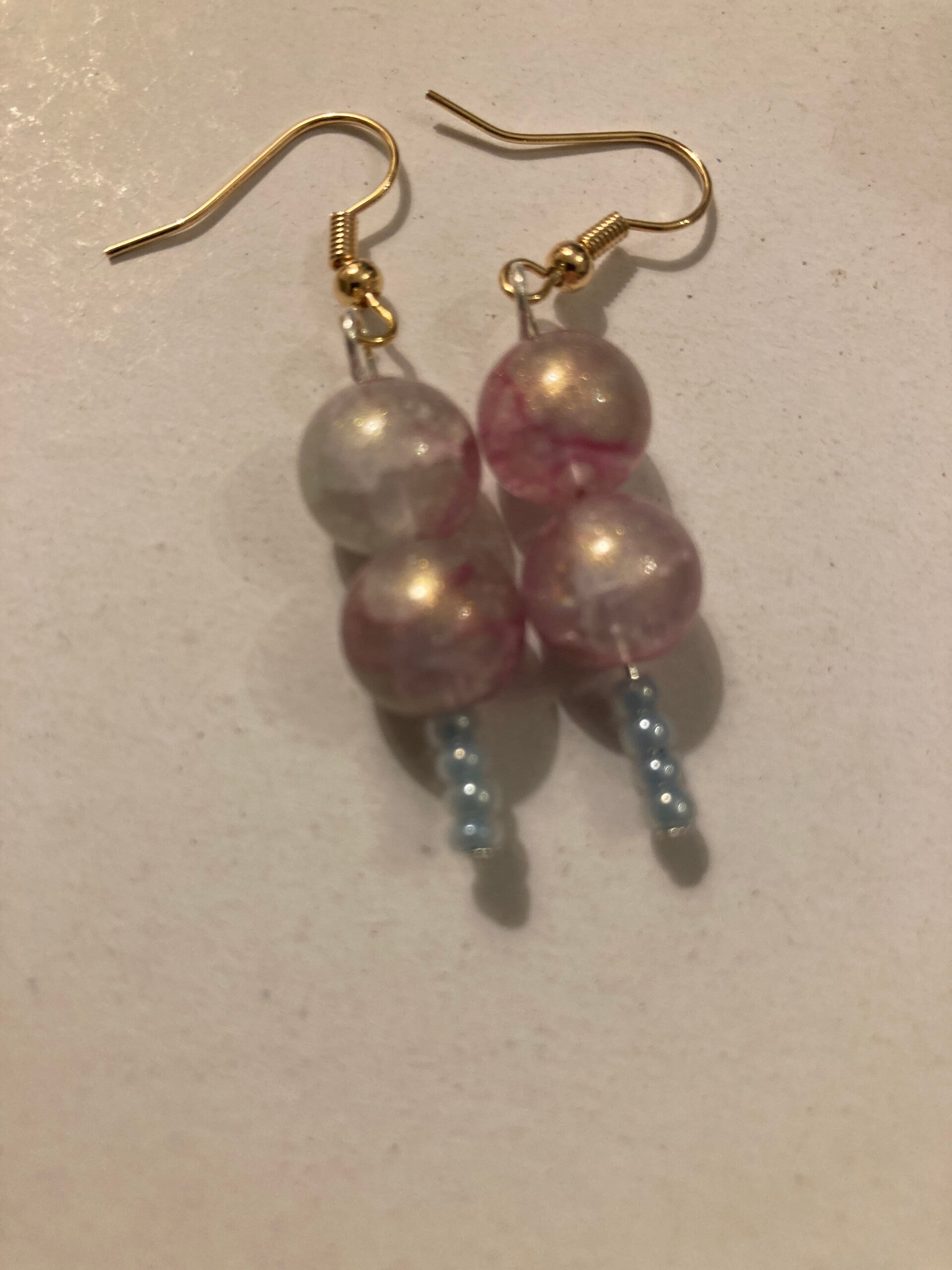 EARRINGS Pressed Glass Beads Olive Pink And Light Blue Silver Abd Gold Plated