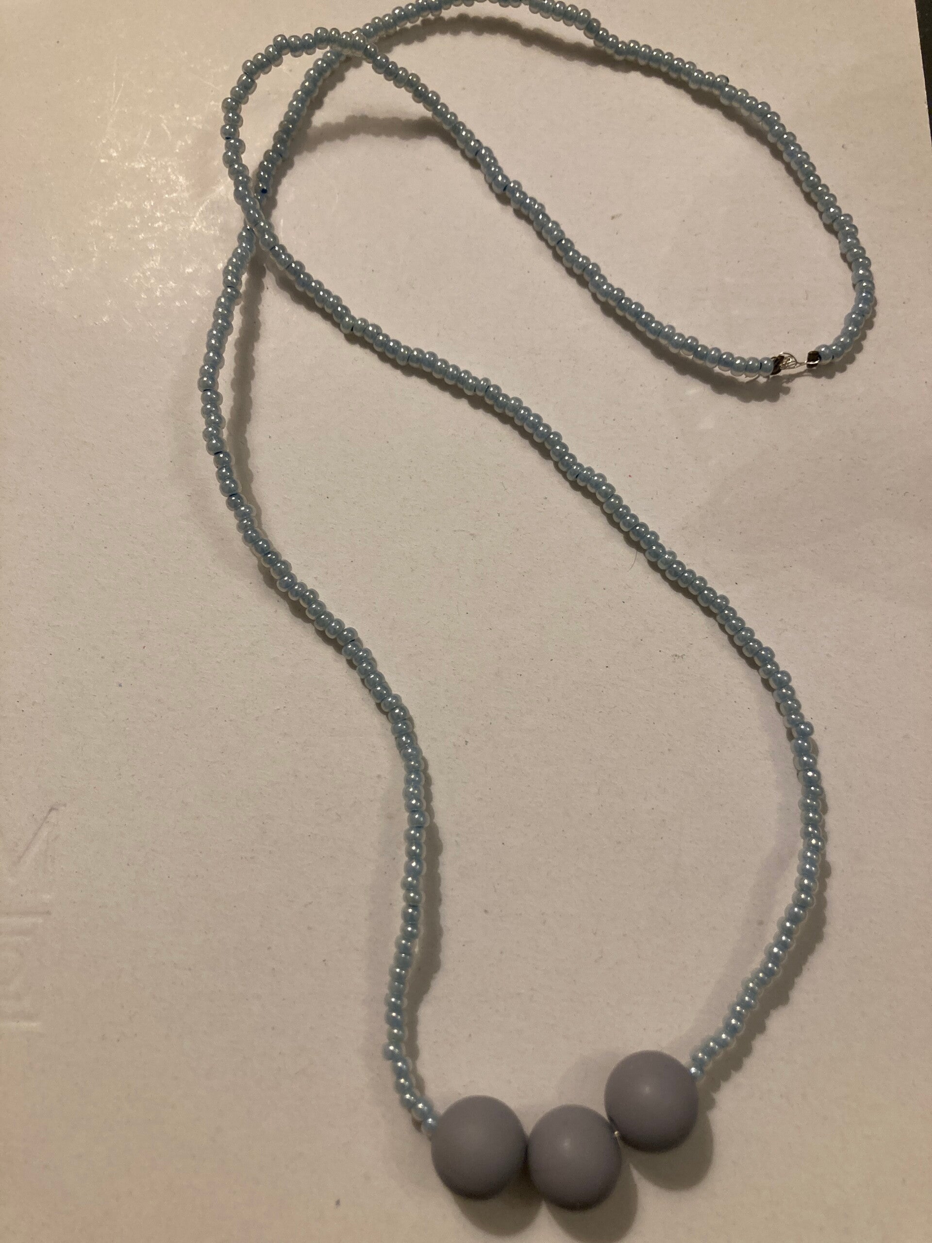 MATINEE PULL ON NECKLACE Czech Blue Glass And Grey Silica Silver Plated Wire Brass Crimps
