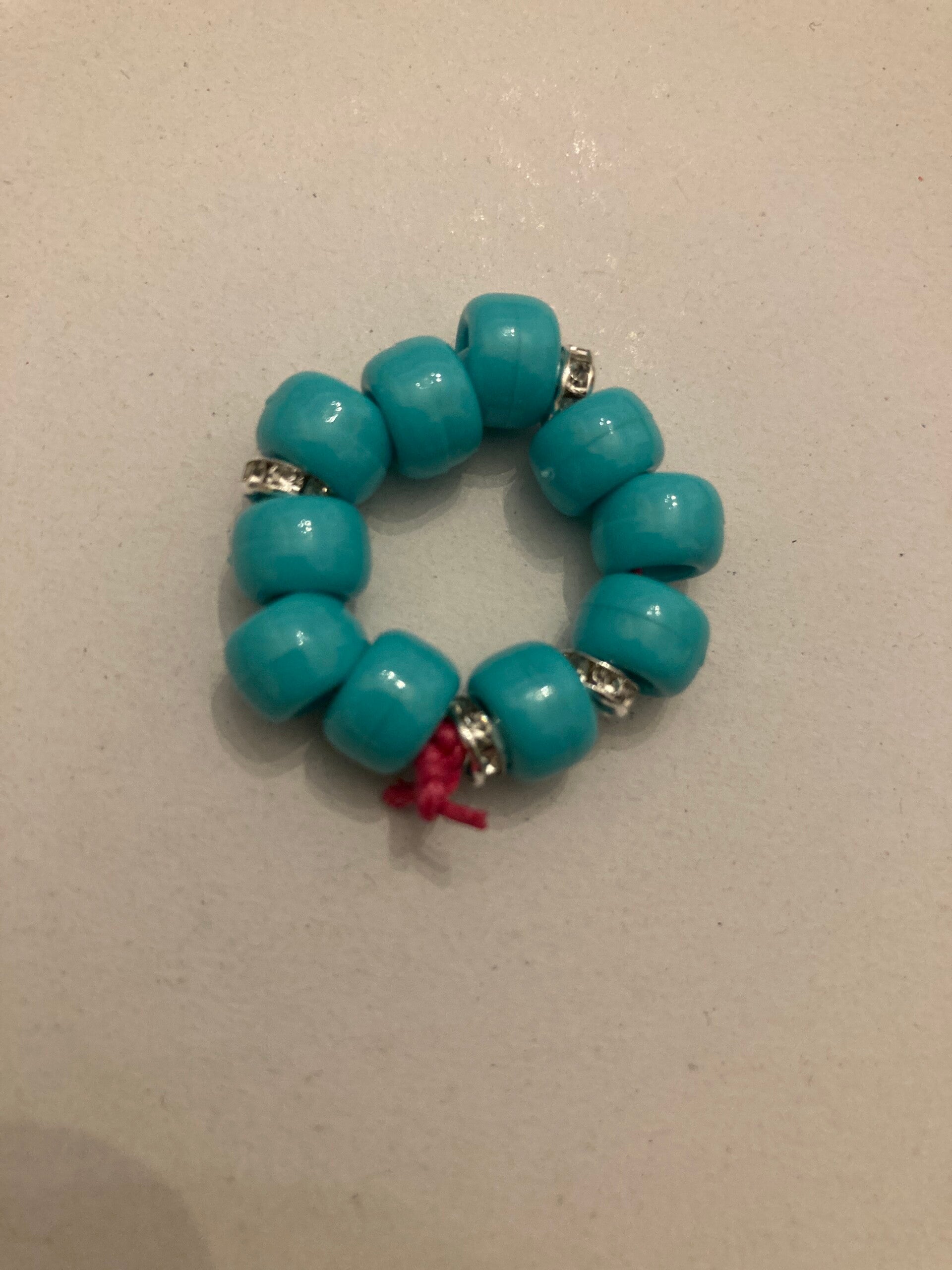 RING Turquoise Peony Beads And Silver Plated Crystal Beads On Pink Cord
