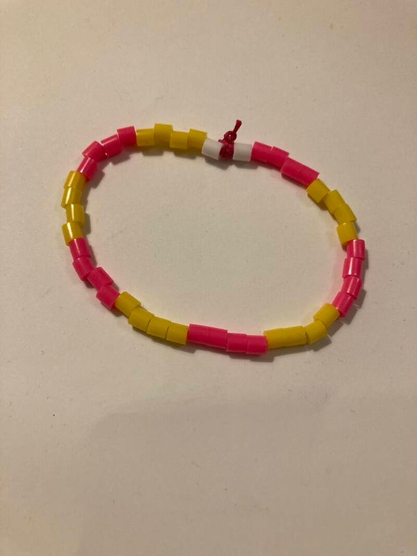 BRACELET Fluorescent Pink Bright Yellow And White Plastic Spacer Beads On Pink Cord