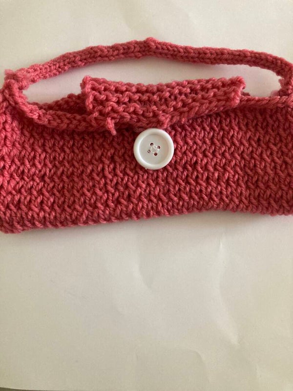 PURSE BAG Rhubarb Hand Knit Acrylic Yarn Button Fastening I cord Handle