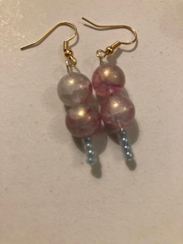 EARRINGS Pressed Glass Beads Olive Pink And Light Blue Silver Abd Gold Plated