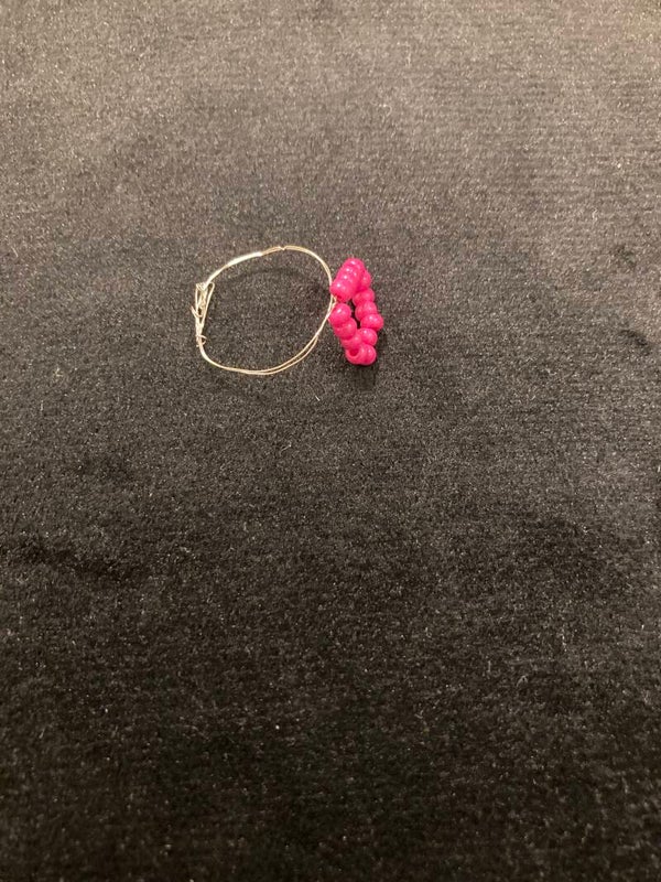 RING Pink Beaded Heart On Silver Plated Wire