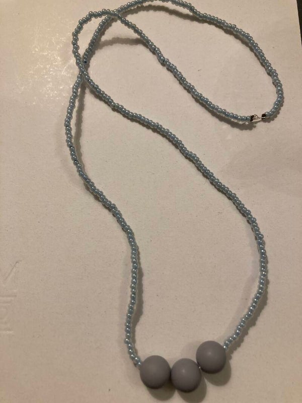 MATINEE PULL ON NECKLACE Czech Blue Glass And Grey Silica Silver Plated Wire Brass Crimps