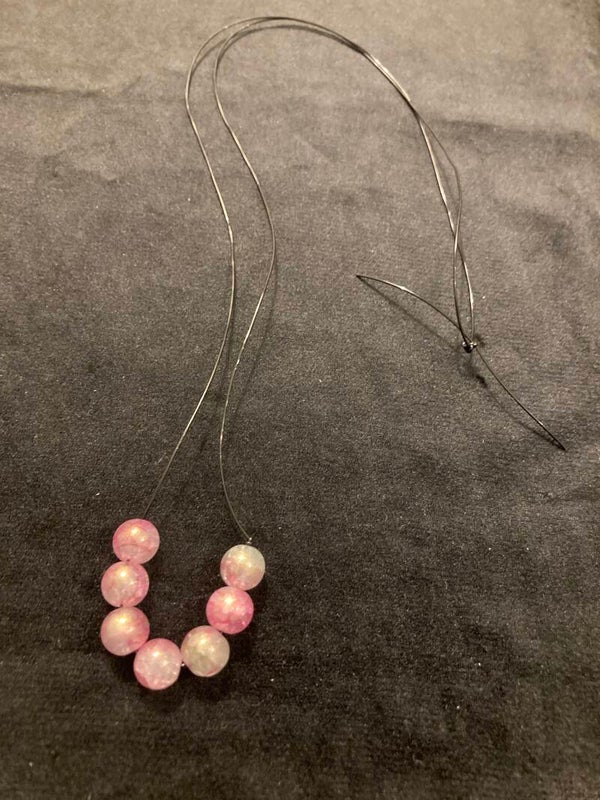 LONG NECKLACE Olive Pink Pressed Glass Beads On Black Elastic Cord